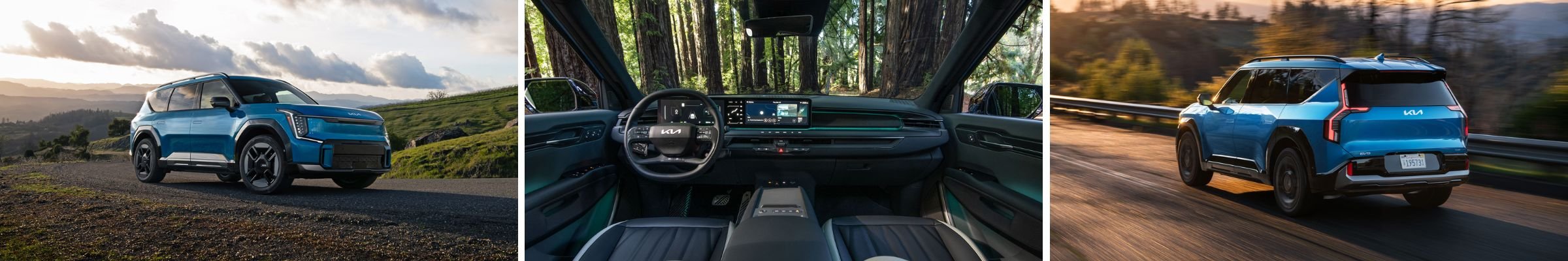 Three-panel image of a blue SUV. Left: The SUV is parked on a scenic hill. Center: Interior view showing a modern dashboard in a forested area. Right: The SUV drives on a road at sunset.