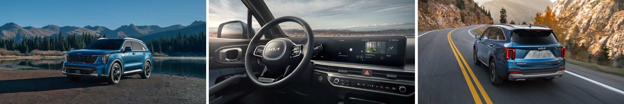 Blue SUV parked by a serene lake with mountains, interior view showing sleek steering and digital display, rear view driving on a scenic mountain road.