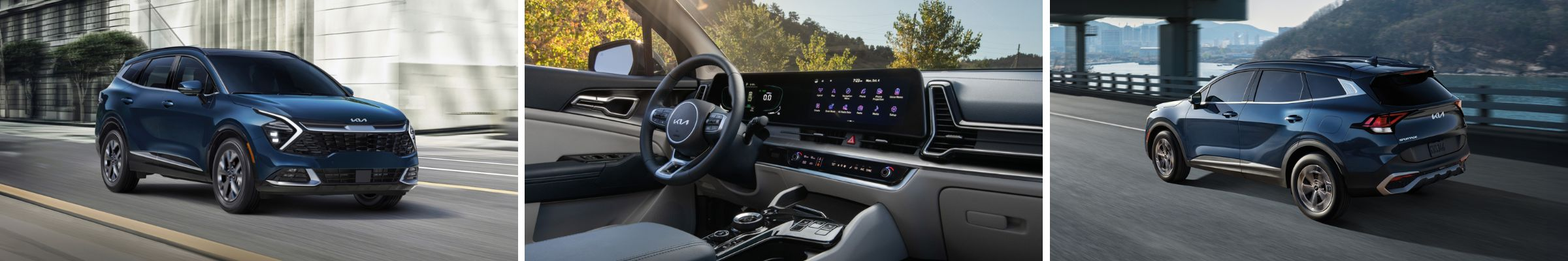 A sleek blue SUV driving in a city, showcasing its modern exterior. Interior features a tech-rich dashboard. Rear view on a scenic bridge.